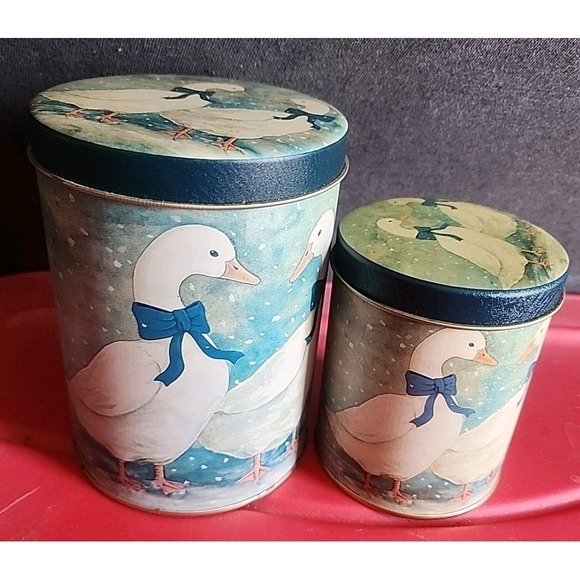 Vintage Nesting Blue Ribbon Duck Geese Metal Tin Canisters Set of 2 - Picture 1 of 13